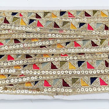 Gold Sequin Border With Multicoloured Triangle Embroidery, Beige Shimmer Lace Trim, Decorative Trim